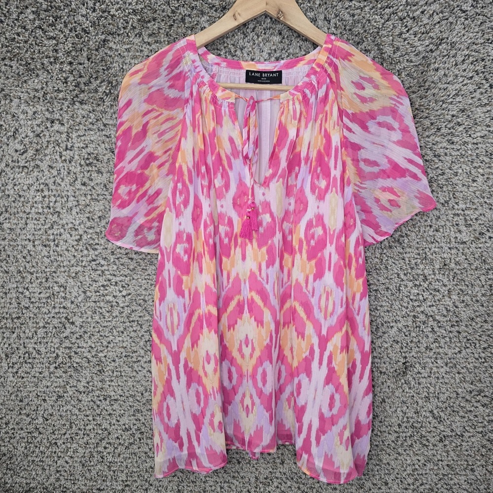 Lane Bryant Top Womens Plus 18/20 Pink V Neck Peasant Blouse Neck Tie Ladies